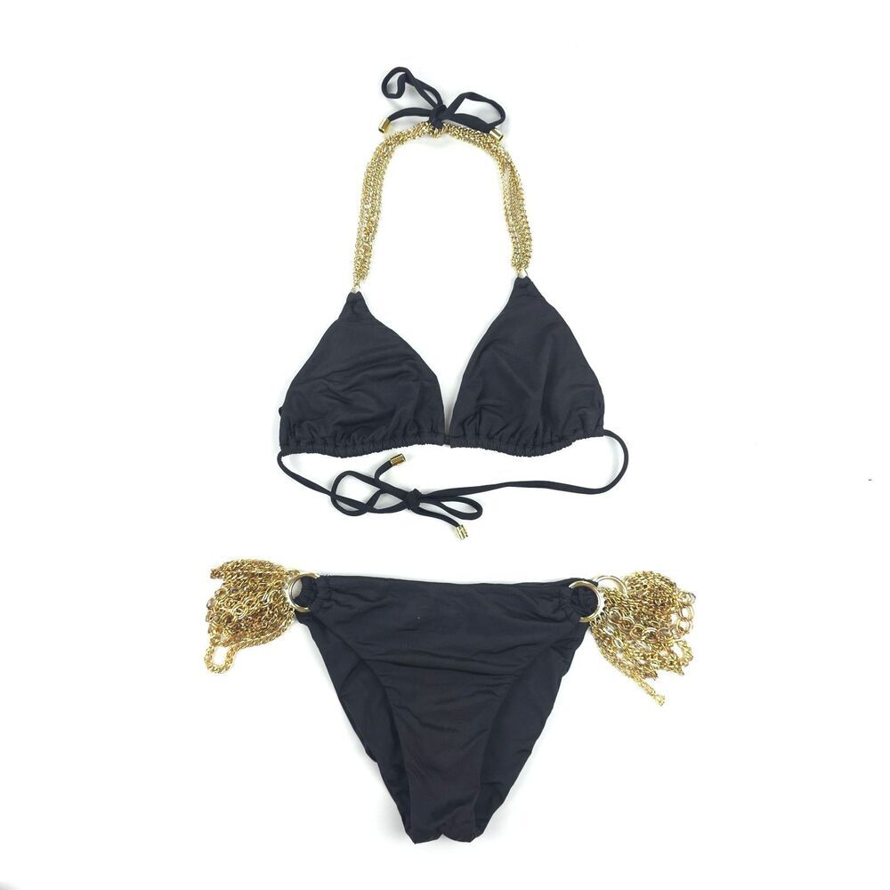 BEACH BUNNY Ball & Chain Triangle Bikini Top Ruched Chain Bottom Set 90s Y2k